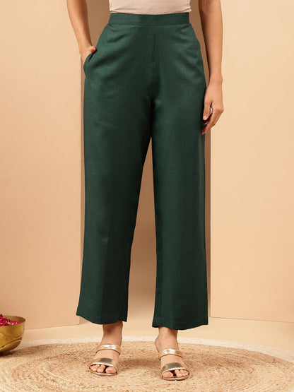 Janasya Women's Bottle Green Cotton Blend Yoke Design Straight Kurta Set