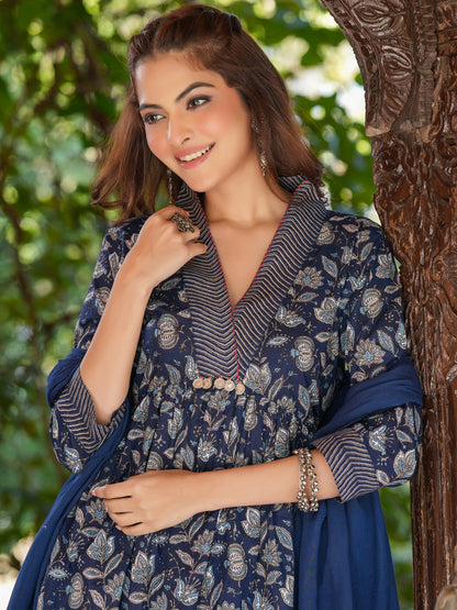 Navy Blue Pure Cotton Floral Printed A-line Kurta Pant With Dupatta Set