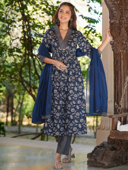 Navy Blue Pure Cotton Floral Printed A-line Kurta Pant With Dupatta Set