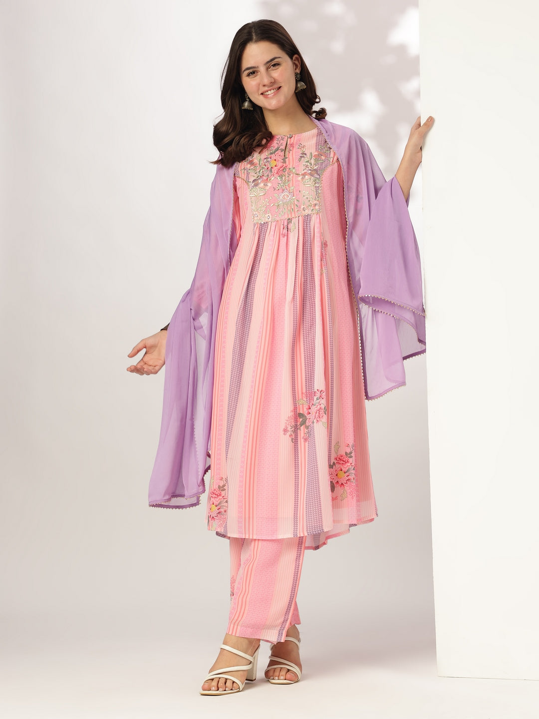 Pink Georgette Floral Embroidered A-line Kurta Set