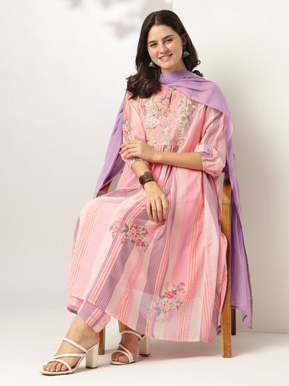 Pink Georgette Floral Embroidered A-line Kurta Set