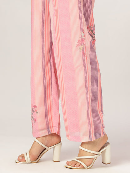 Pink Georgette Floral Embroidered A-line Kurta Set