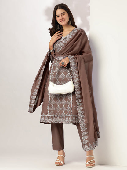 Janasya Women's Brown Pure Cotton Ethnic Motifs Printed A-line Kurta Set