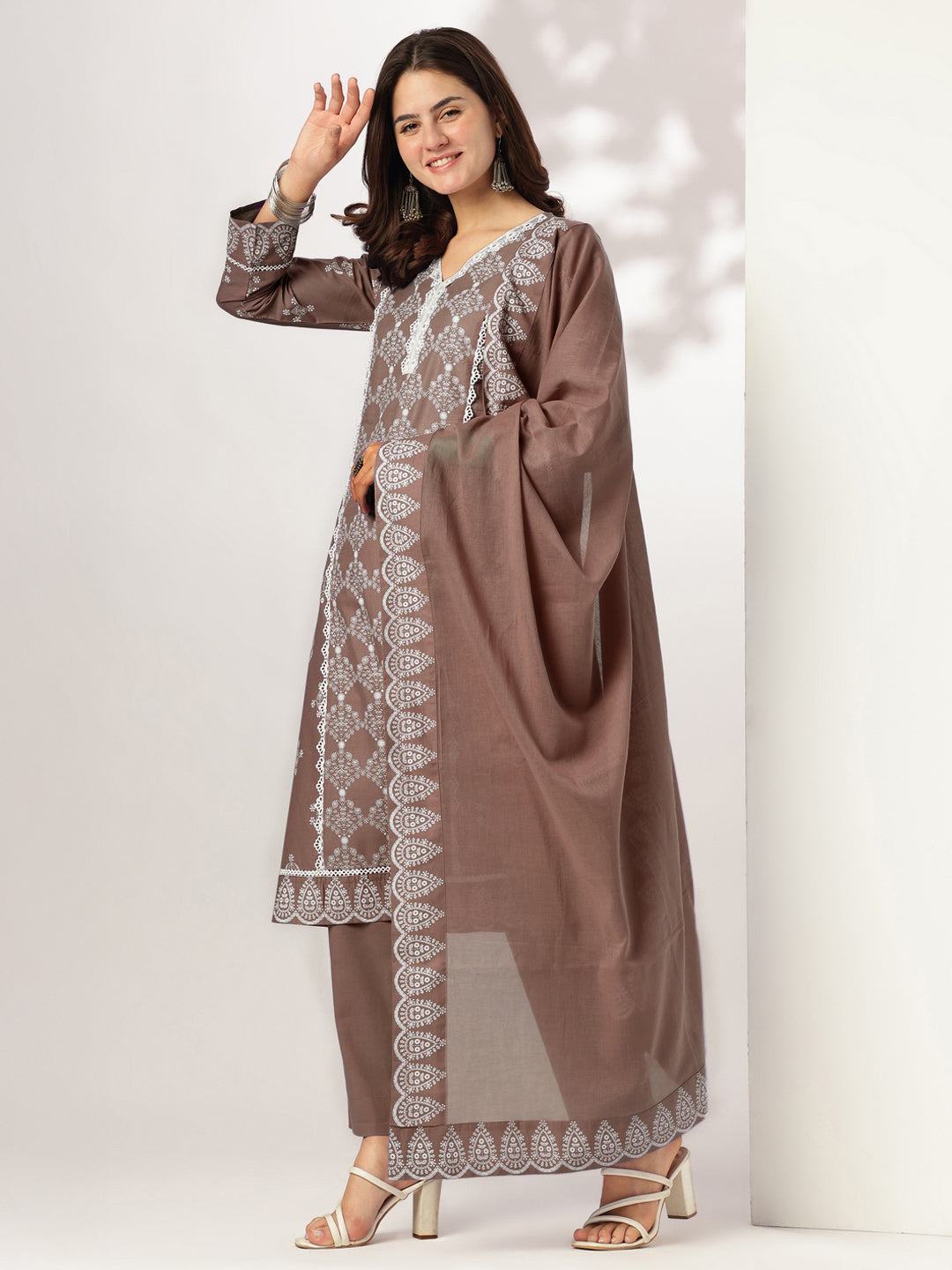 Janasya Women's Brown Pure Cotton Ethnic Motifs Printed A-line Kurta Set