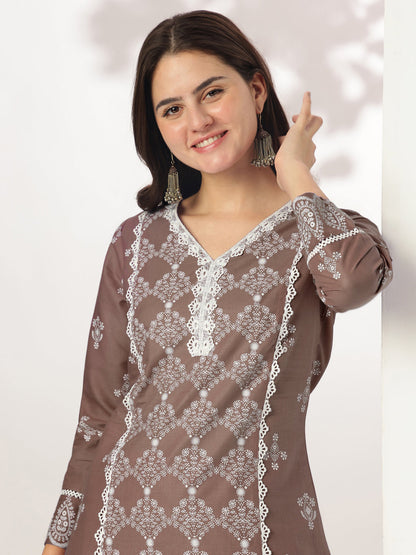 Janasya Women's Brown Pure Cotton Ethnic Motifs Printed A-line Kurta Set