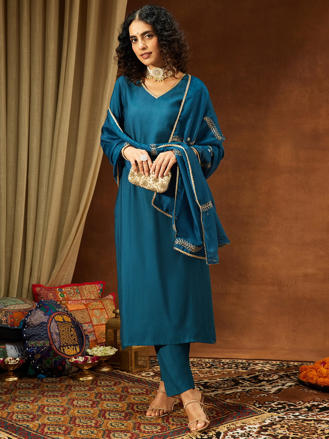 Janasya Women's Teal Blue Silk Blend Embellished Straight Kurta Set