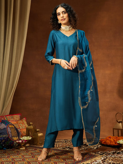 Janasya Women's Teal Blue Silk Blend Embellished Straight Kurta Set
