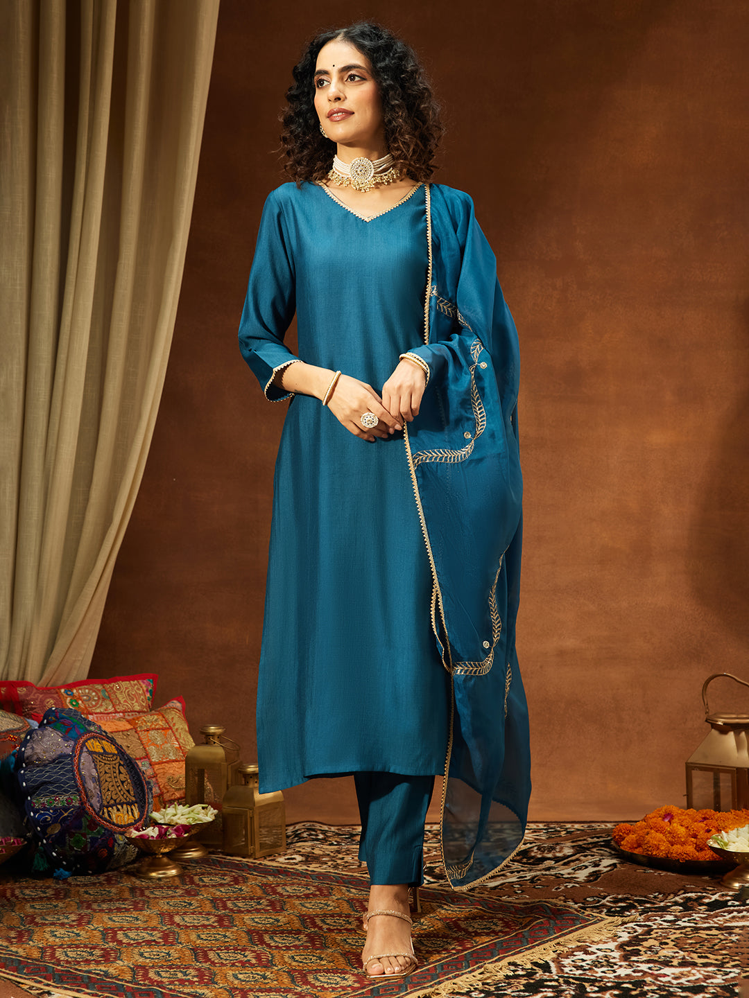 Janasya Women's Teal Blue Silk Blend Embellished Straight Kurta Set