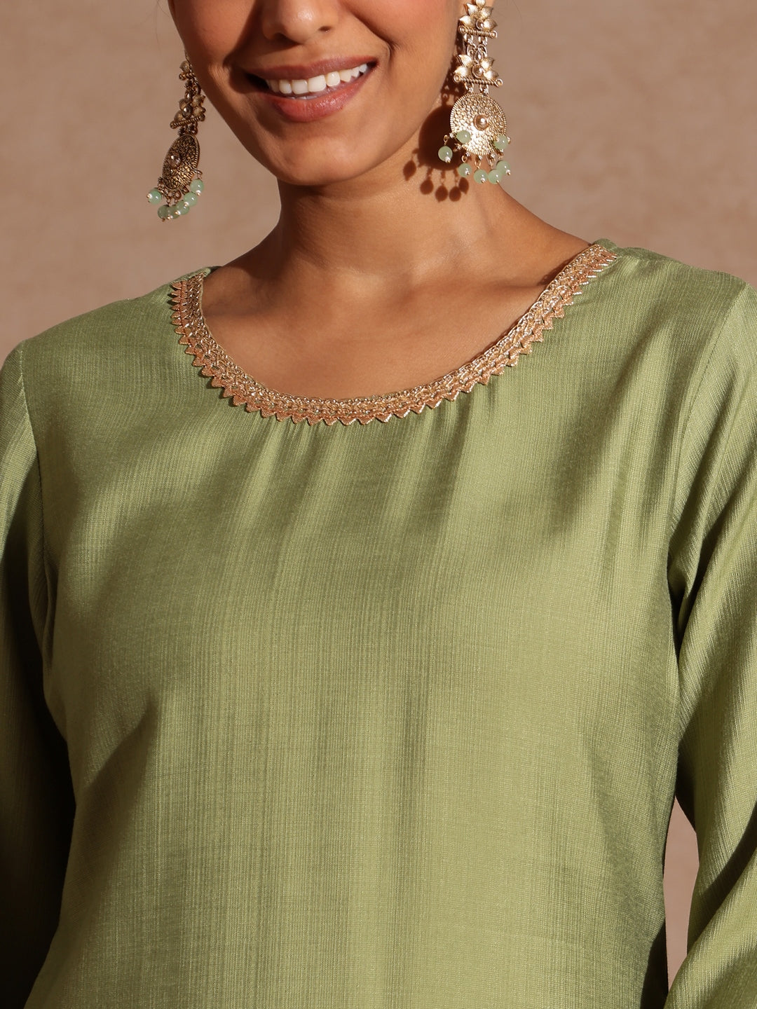 Janasya Women's Sage Green Silk Blend Embellished Straight Kurta Set