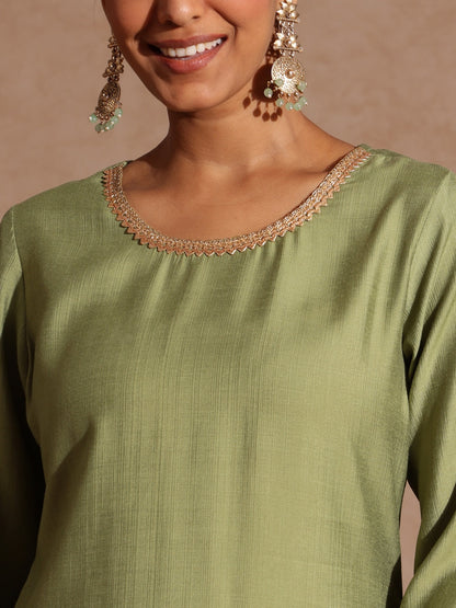 Janasya Women's Sage Green Silk Blend Embellished Straight Kurta Set