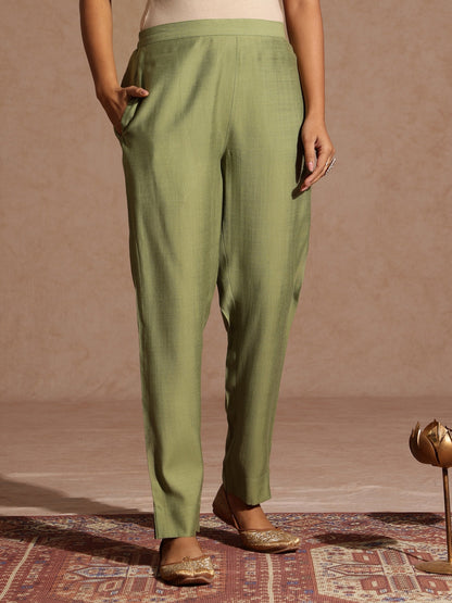 Janasya Women's Sage Green Silk Blend Embellished Straight Kurta Set