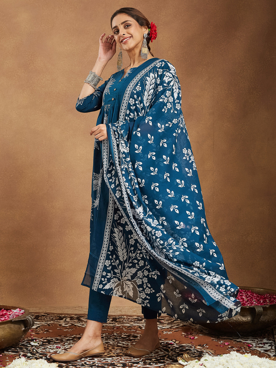 Janasya Women's Teal Blue Pure Cotton Floral Printed A-line Kurta Set