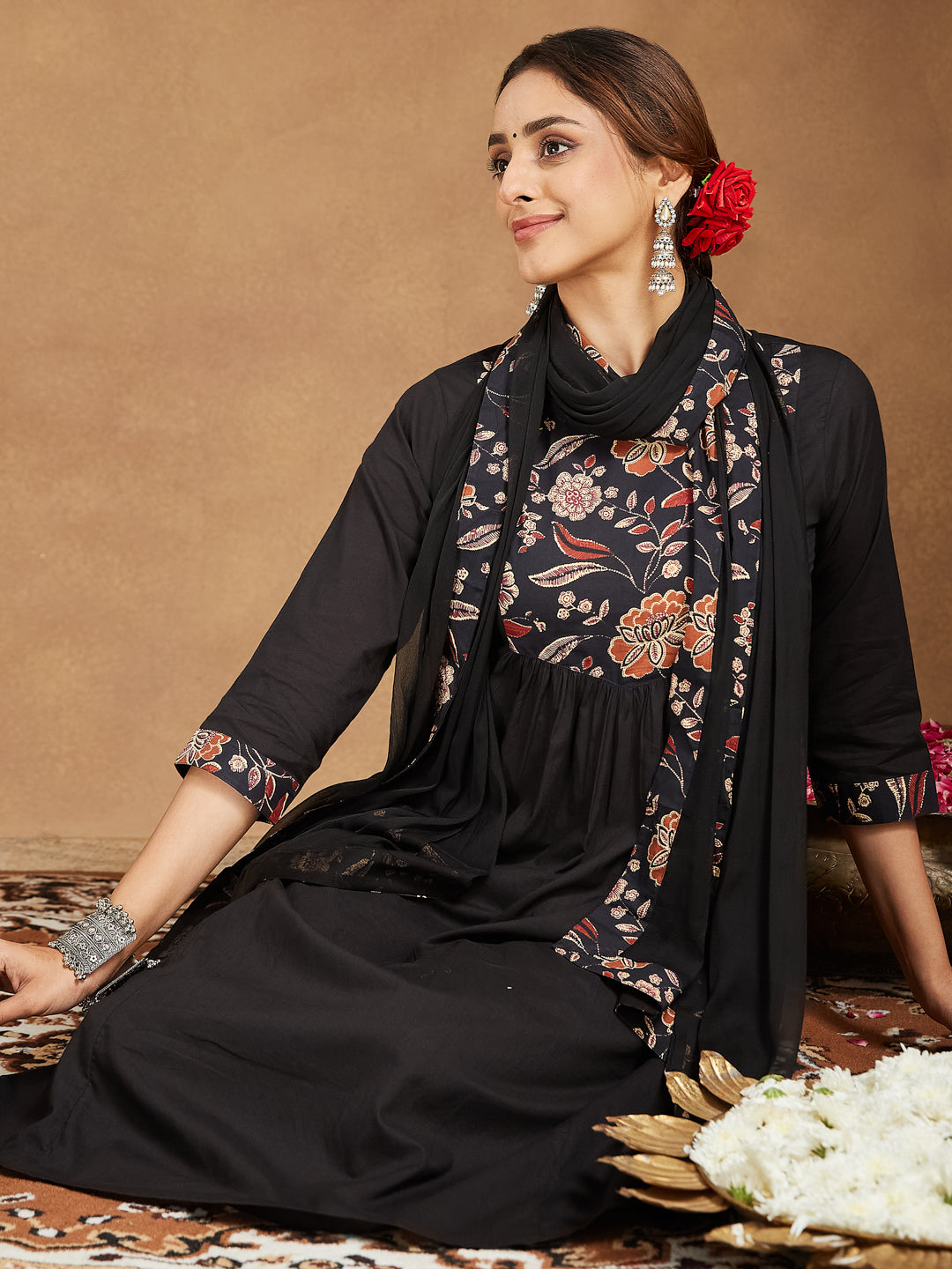 Janasya Women's Black Pure Cotton Floral Printed A-line Kurta With Palazzo & Dupatta Set