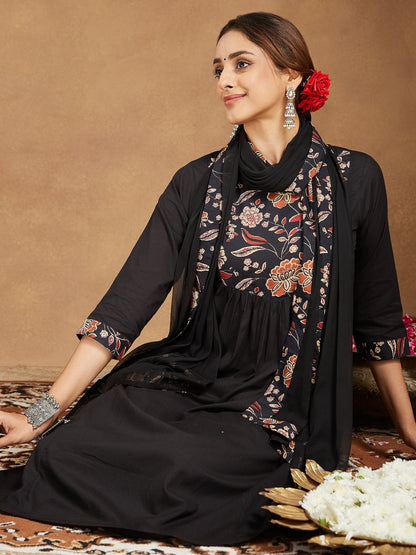 Janasya Women's Black Pure Cotton Floral Printed A-line Kurta With Palazzo & Dupatta Set