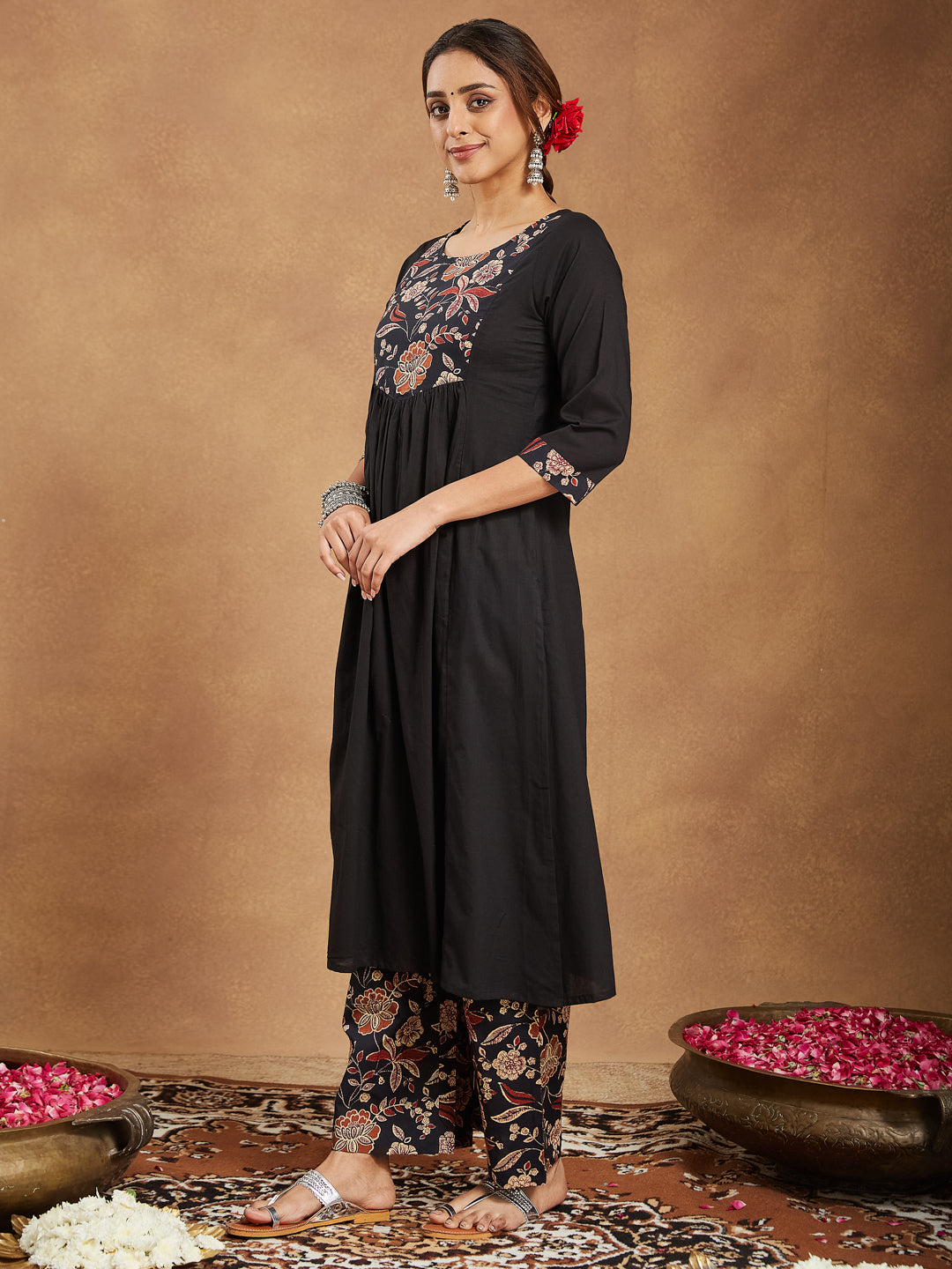 Janasya Women's Black Pure Cotton Floral Printed A-line Kurta With Palazzo & Dupatta Set