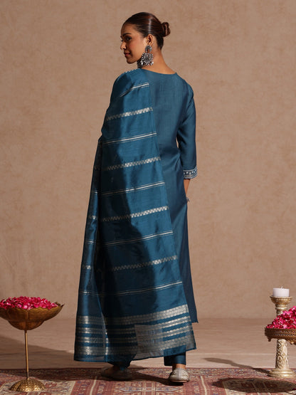 Janasya Women's Teal Blue Silk Blend Embellished Gold Foil Printed Straight Kurta Set