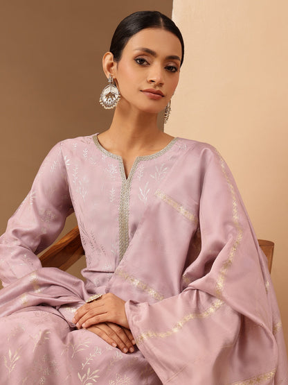 Janasya Women's Lavender Silk Blend Embellished Gold Printed Straight Kurta Set