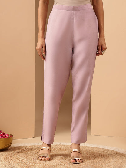 Janasya Women's Lavender Silk Blend Embellished Gold Printed Straight Kurta Set