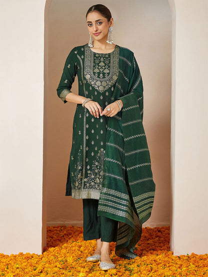 Janasya Women's Bottle Green Silk Blend Foil Printed Straight Kurta Set