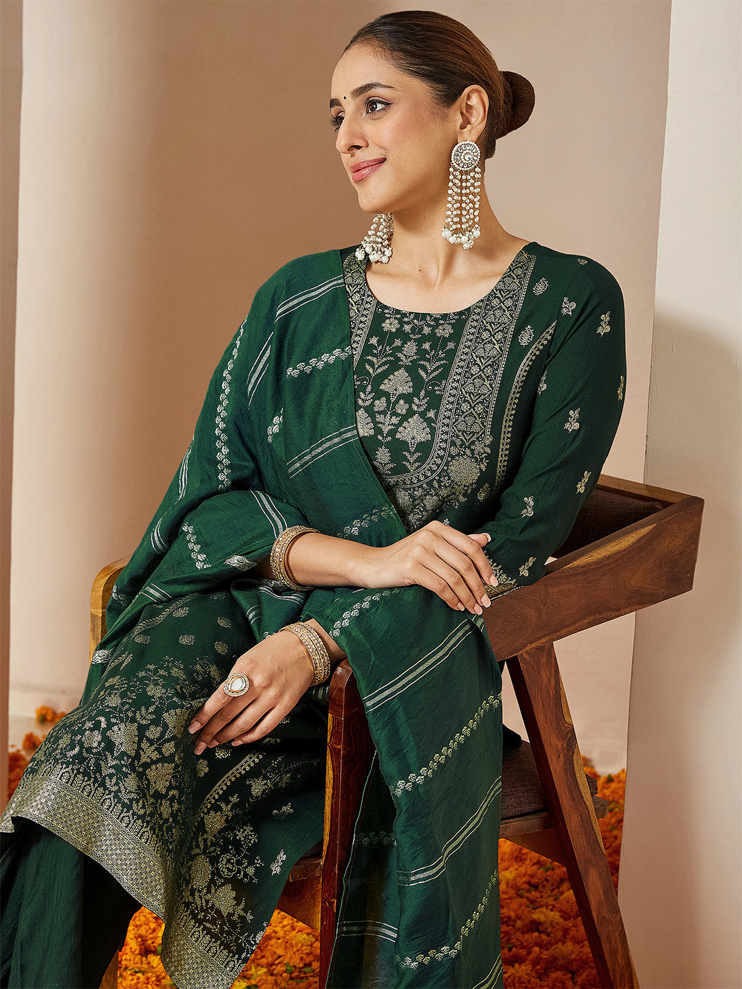 Janasya Women's Bottle Green Silk Blend Foil Printed Straight Kurta Set