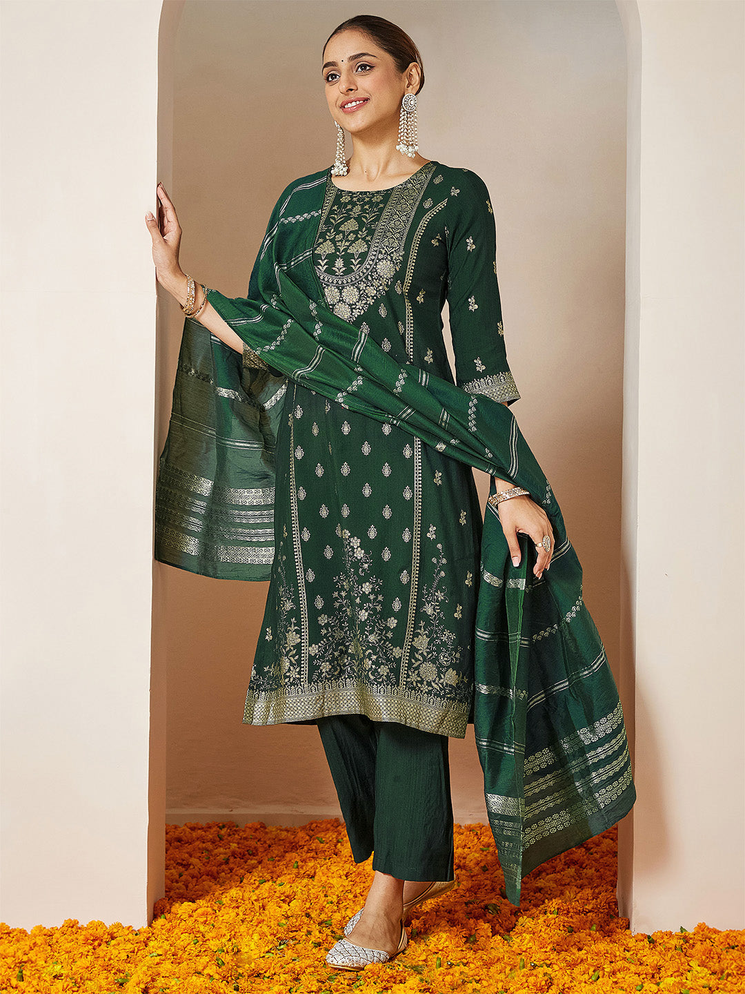 Janasya Women's Bottle Green Silk Blend Foil Printed Straight Kurta Set