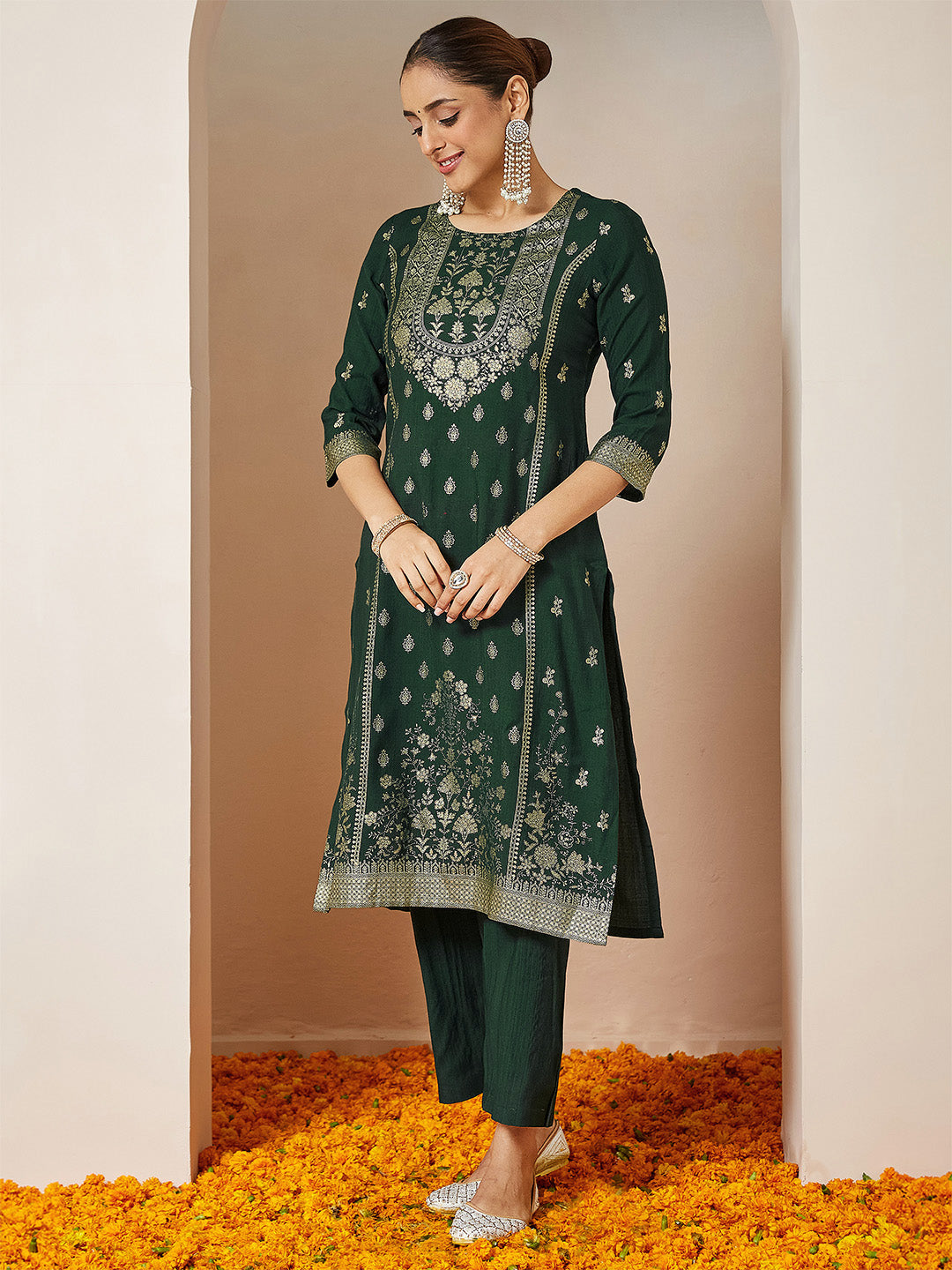 Janasya Women's Bottle Green Silk Blend Foil Printed Straight Kurta Set