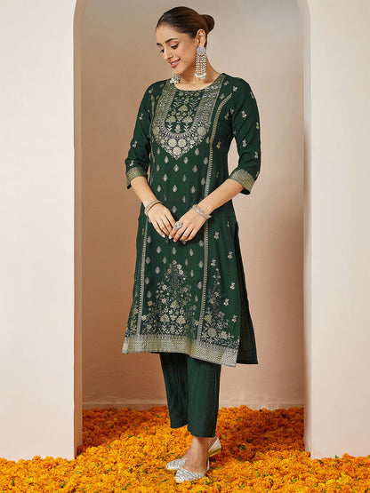 Janasya Women's Bottle Green Silk Blend Foil Printed Straight Kurta Set