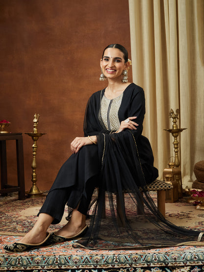 Janasya Women's Black Silk Blend Embellished Yoke Design Straight Kurta Set