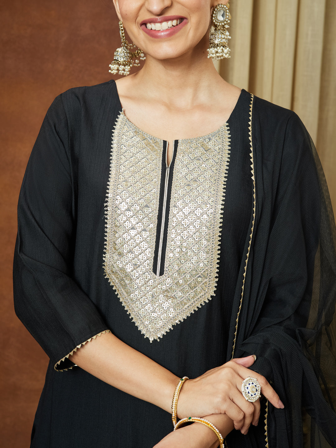 Janasya Women's Black Silk Blend Embellished Yoke Design Straight Kurta Set