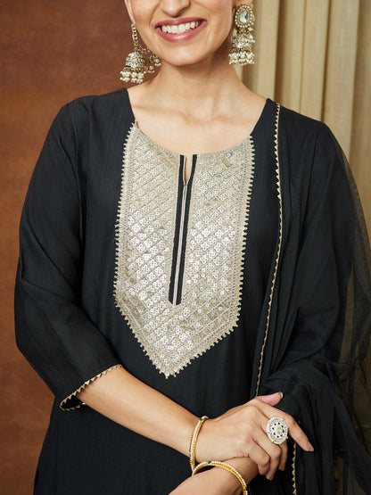 Janasya Women's Black Silk Blend Embellished Yoke Design Straight Kurta Set