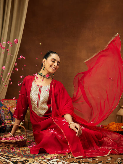 Janasya Women's Maroon Silk Blend Embellished Straight Kurta Set