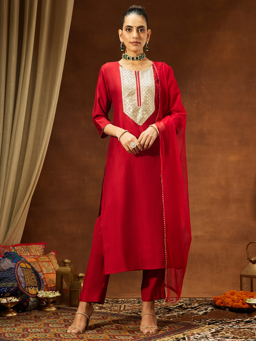 Janasya Women's Maroon Silk Blend Embellished Straight Kurta Set