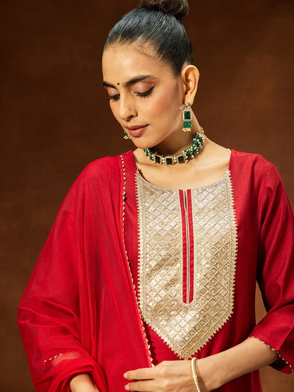 Janasya Women's Maroon Silk Blend Embellished Straight Kurta Set