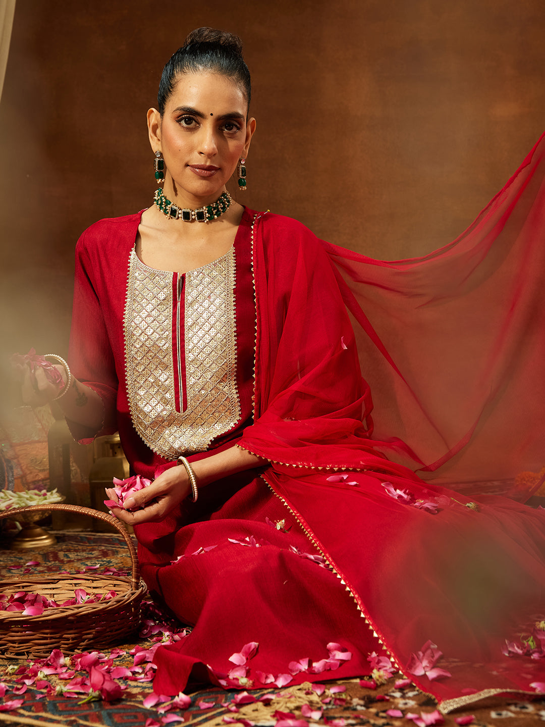 Janasya Women's Maroon Silk Blend Embellished Straight Kurta Set