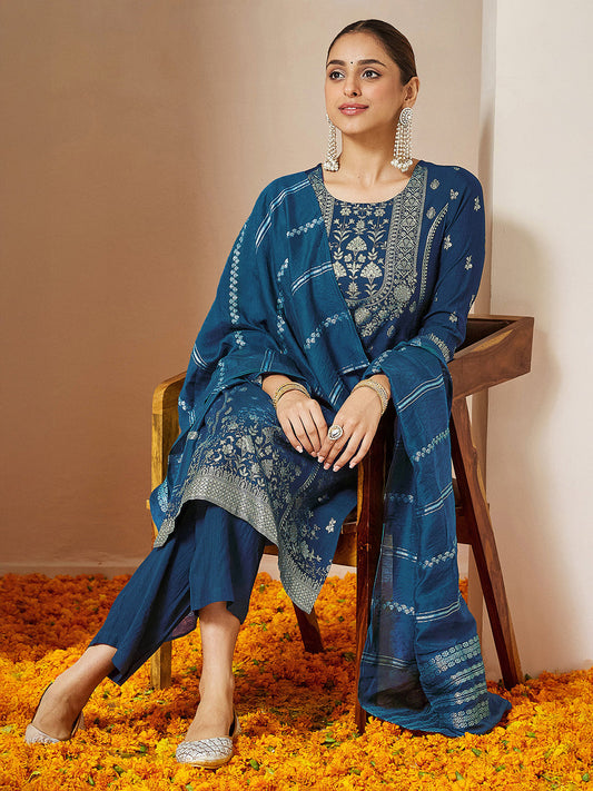 Janasya Women's Teal Blue Silk Blend Foil Printed Straight Kurta Set