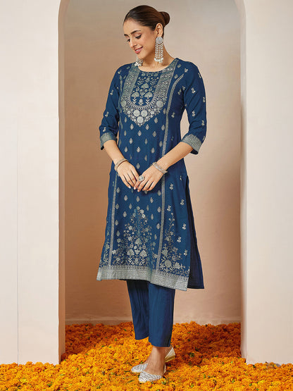 Janasya Women's Teal Blue Silk Blend Foil Printed Straight Kurta Set
