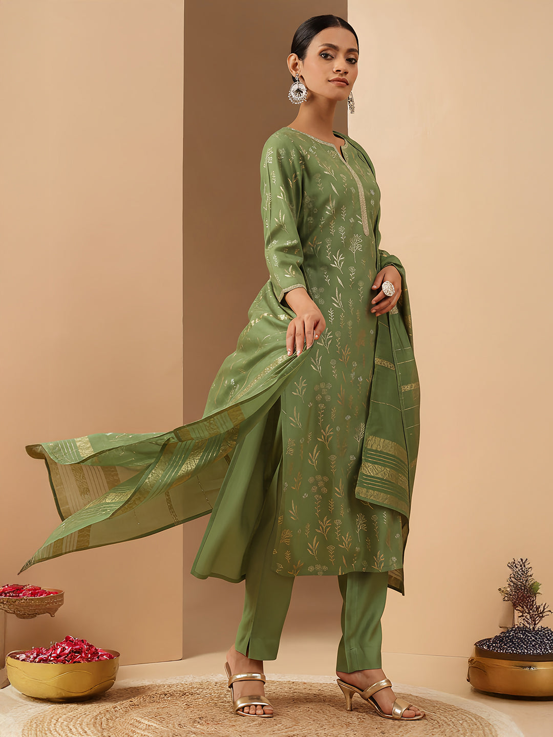 Janasya Women's Mint Green Silk Blend Embellished Gold Printed Straight Kurta Set