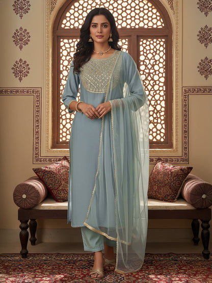 Janasya Women's Powder Blue Silk Blend Embellished Straight Kurta Set