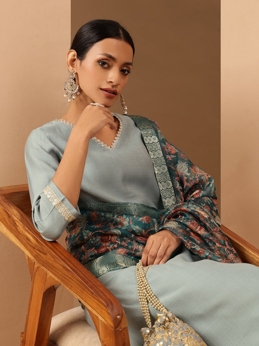 Janasya Women's Powder Blue Silk Blend Embellished Straight Kurta Set With Printed Jacquard Dupatta
