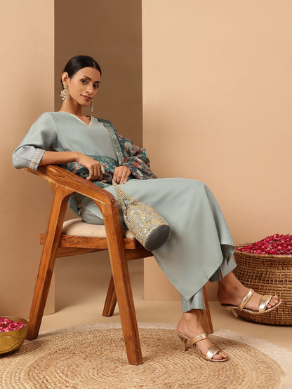 Janasya Women's Powder Blue Silk Blend Embellished Straight Kurta Set With Printed Jacquard Dupatta