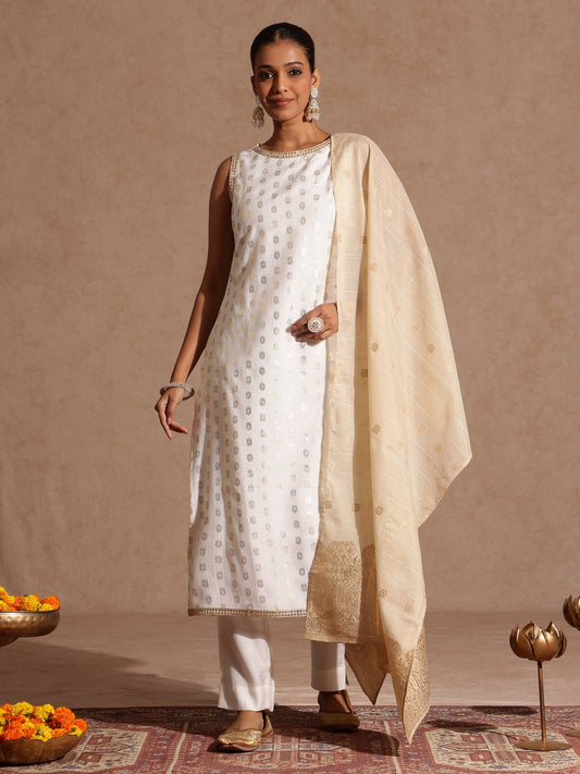 Janasya Women's White Silk Blend Embellished Gold Printed Straight Kurta Set