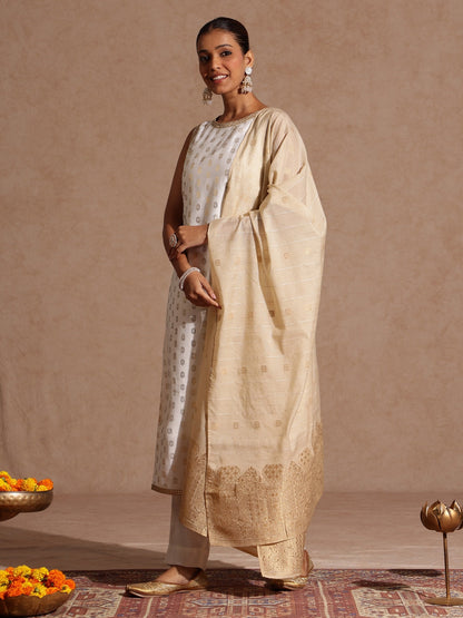 Janasya Women's White Silk Blend Embellished Gold Printed Straight Kurta Set