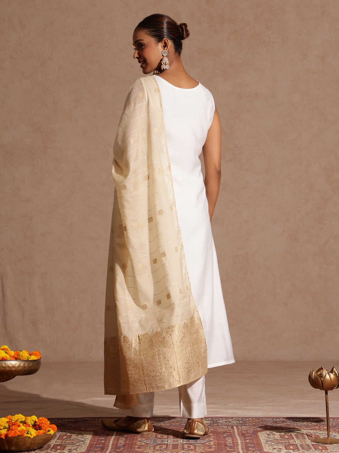 Janasya Women's White Silk Blend Embellished Gold Printed Straight Kurta Set