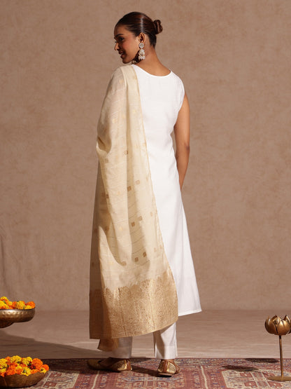 Janasya Women's White Silk Blend Embellished Gold Printed Straight Kurta Set