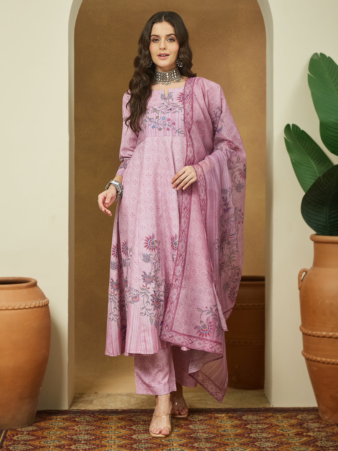 Janasya Women's Lavender Cotton Blend Floral Printed Anarkali Kurta Set