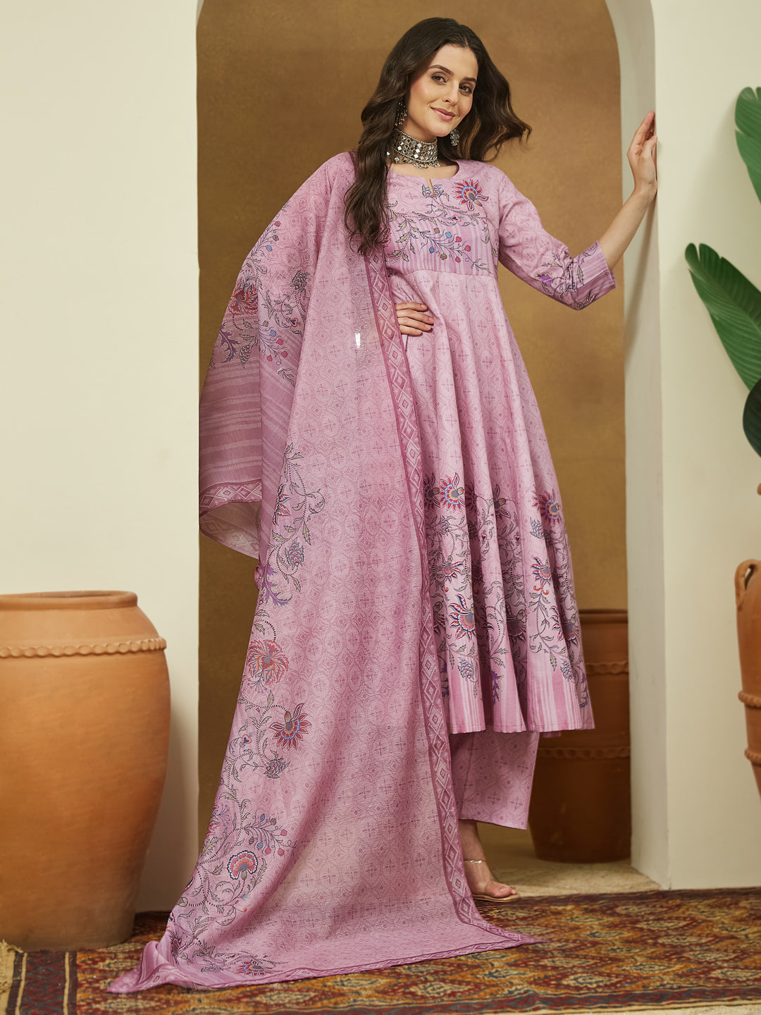 Janasya Women's Lavender Cotton Blend Floral Printed Anarkali Kurta Set