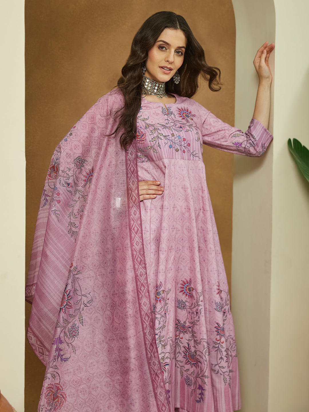 Janasya Women's Lavender Cotton Blend Floral Printed Anarkali Kurta Set