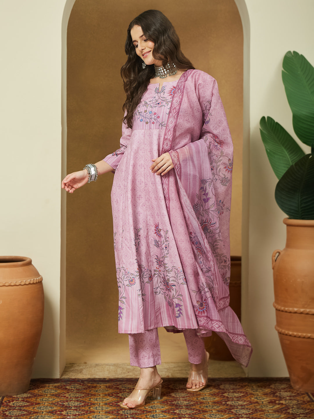 Janasya Women's Lavender Cotton Blend Floral Printed Anarkali Kurta Set