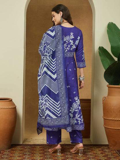 Janasya Women's Purple Cotton Blend Floral Printed Anarkali Kurta Set