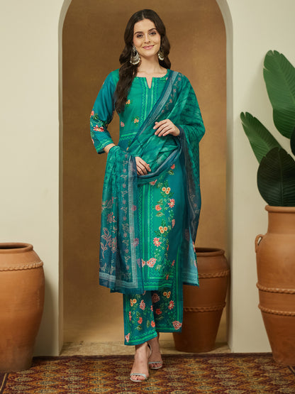Janasya Women's Teal Blue Cotton Blend Floral Printed Straight Kurta Set